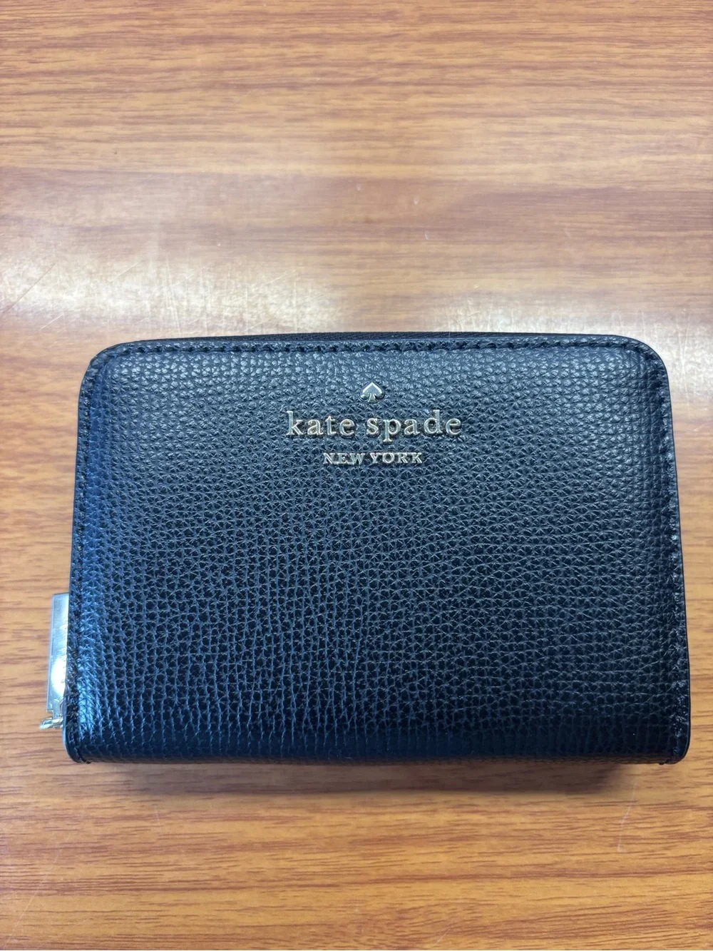Kate Spade Black Textured Leather Zip Card Holder with Gold Logo